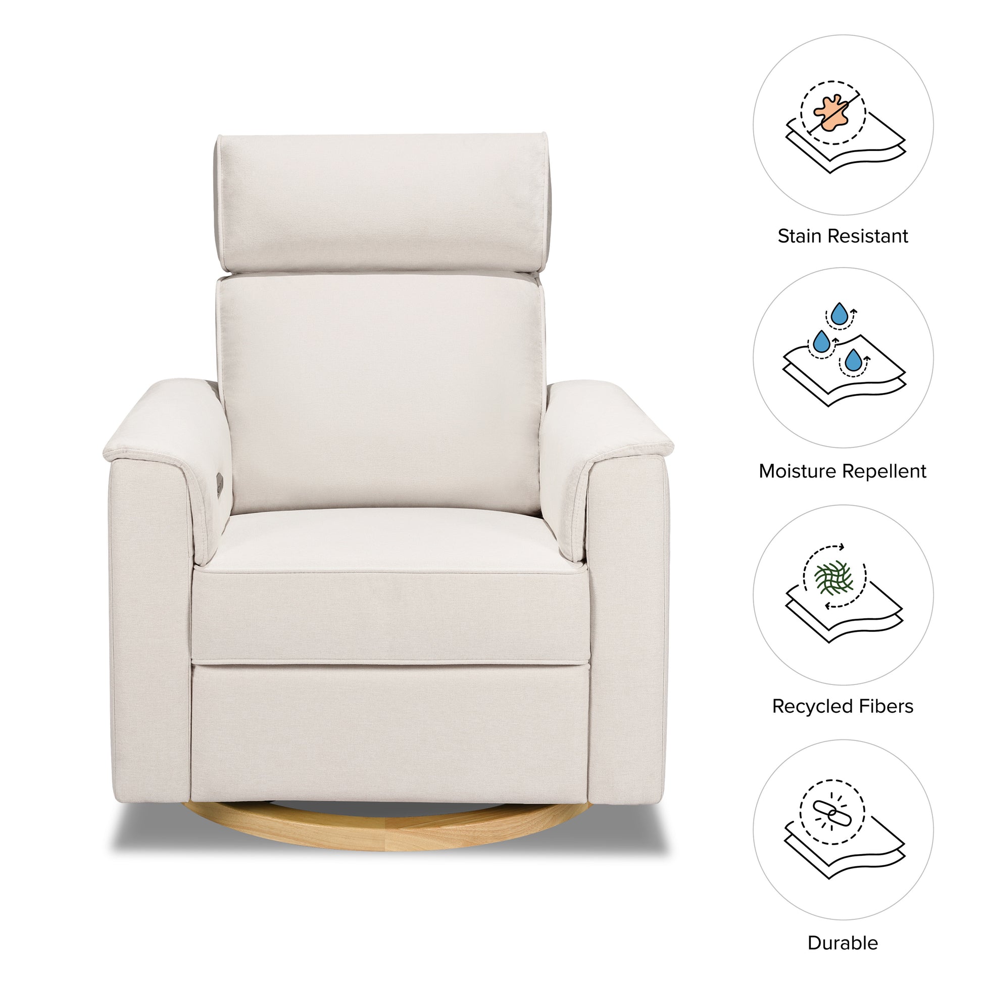 B17186PCMEWLB,Willa Power Glider Recliner w/ adj. headrest & USB in Performance Cream Eco-Weave w/Light wood base