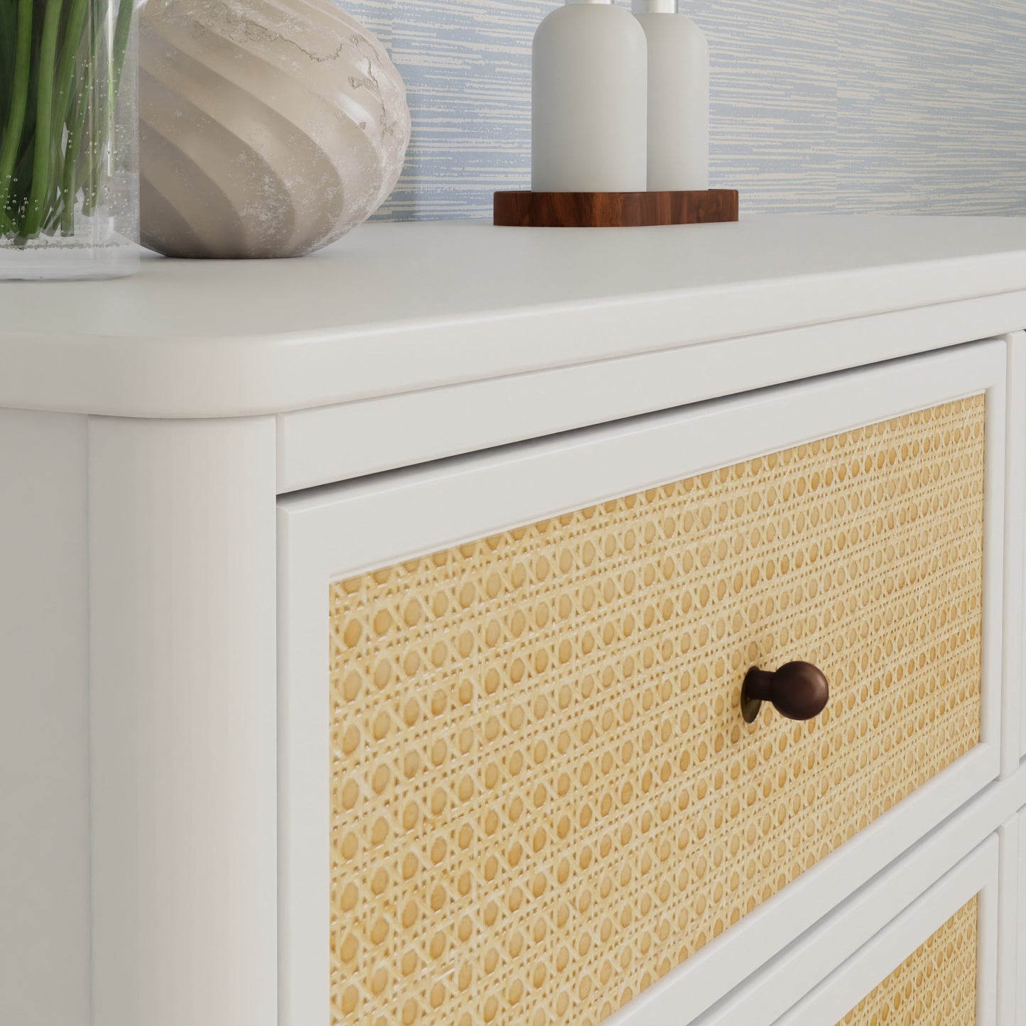 M23716RWHC,Marin with Cane 6 Drawer Assembled Dresser in Warm White and Honey Cane