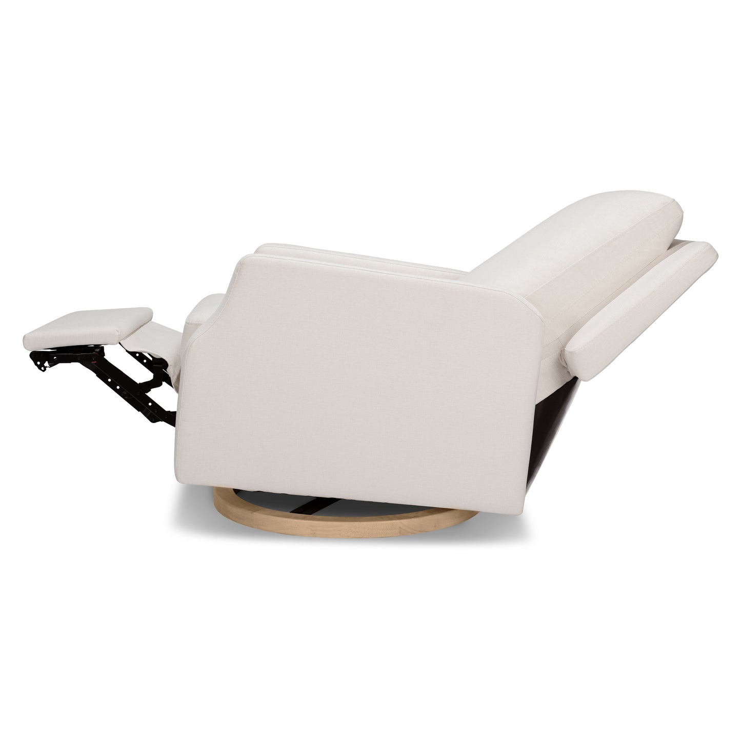 M22286PCMEWLB,Crewe Electronic Swivel Glider Recliner in Performance Cream Eco-Weave w/Light Wood Base