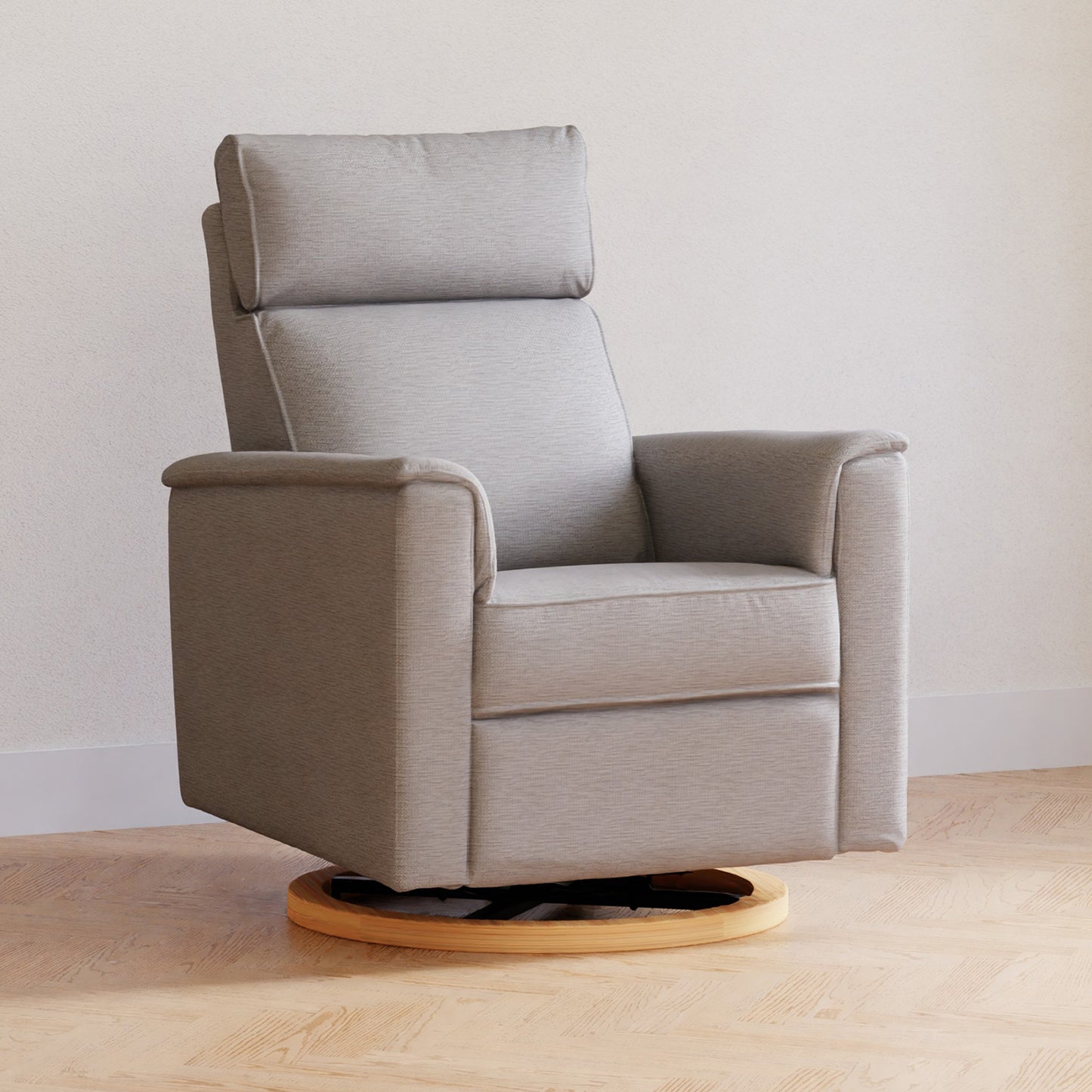 B17186PGEWLB,Willa Power Glider Recliner w/ adj. headrest & USB in Performance Grey Eco-Weave w/Light Wood Base