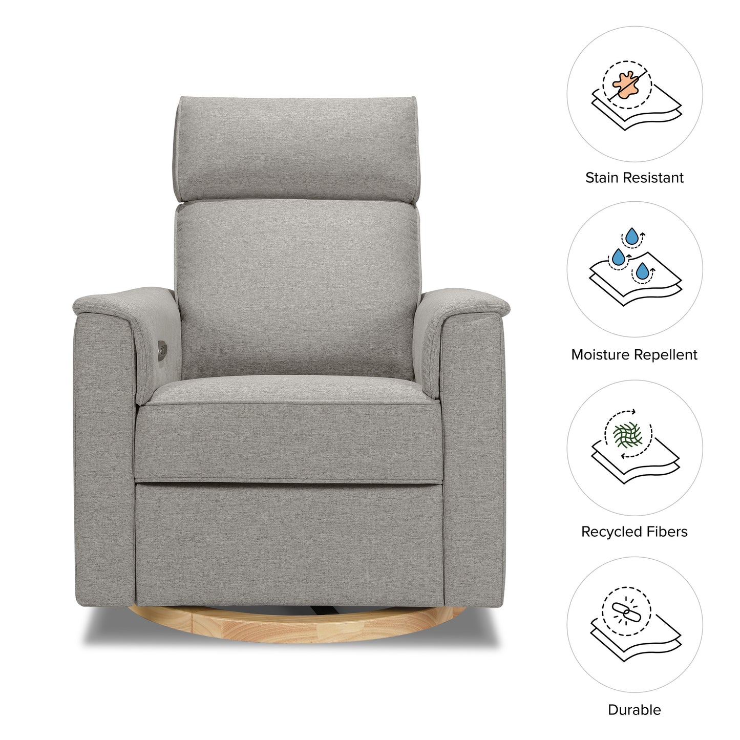 B17186PGEWLB,Willa Power Glider Recliner w/ adj. headrest & USB in Performance Grey Eco-Weave w/Light Wood Base