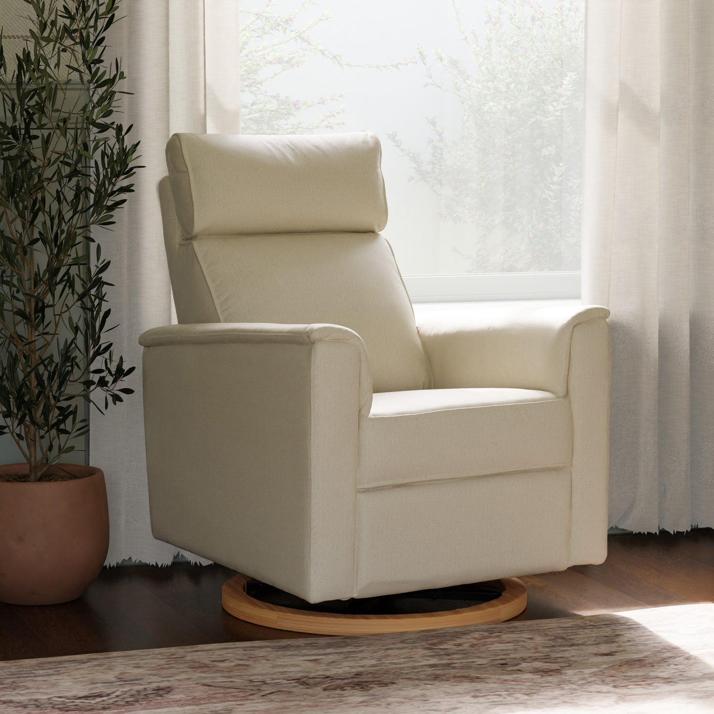 B17186PCMEWLB,Willa Power Glider Recliner w/ adj. headrest & USB in Performance Cream Eco-Weave w/Light wood base