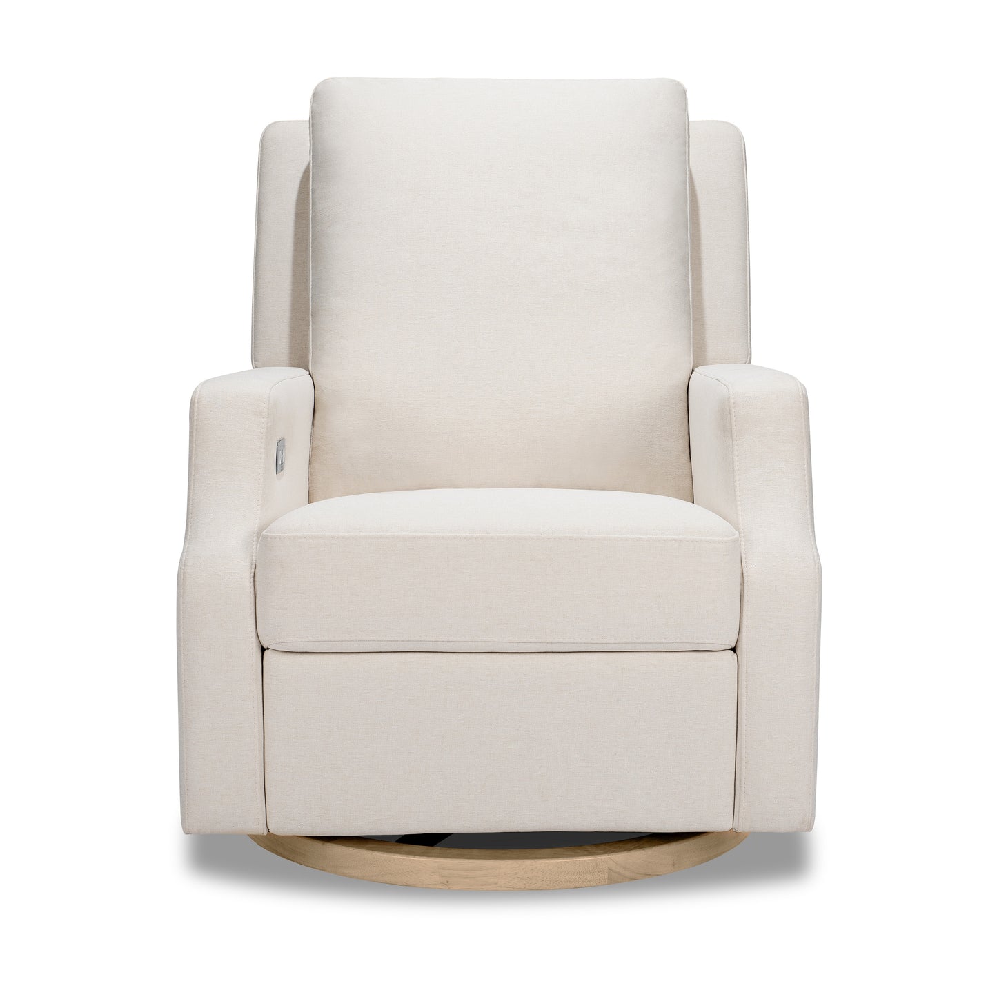 M22286PCMEWLB,Crewe Electronic Swivel Glider Recliner in Performance Cream Eco-Weave w/Light Wood Base