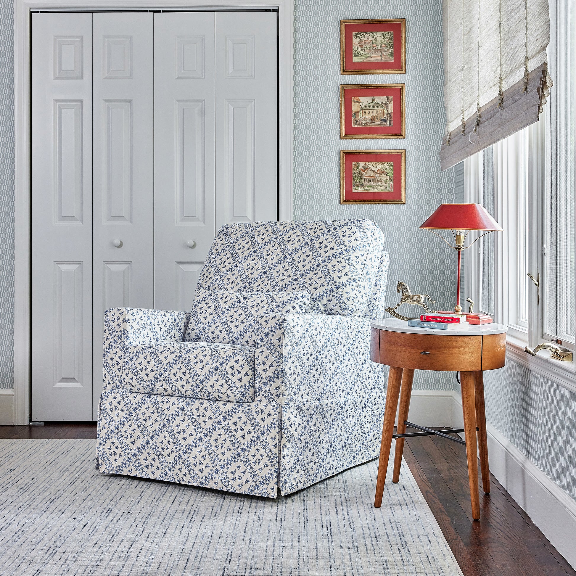 M21787BLT,Sarah Flint x Namesake Crawford Swivel Glider in Blue Lattice Performance Eco-Weave