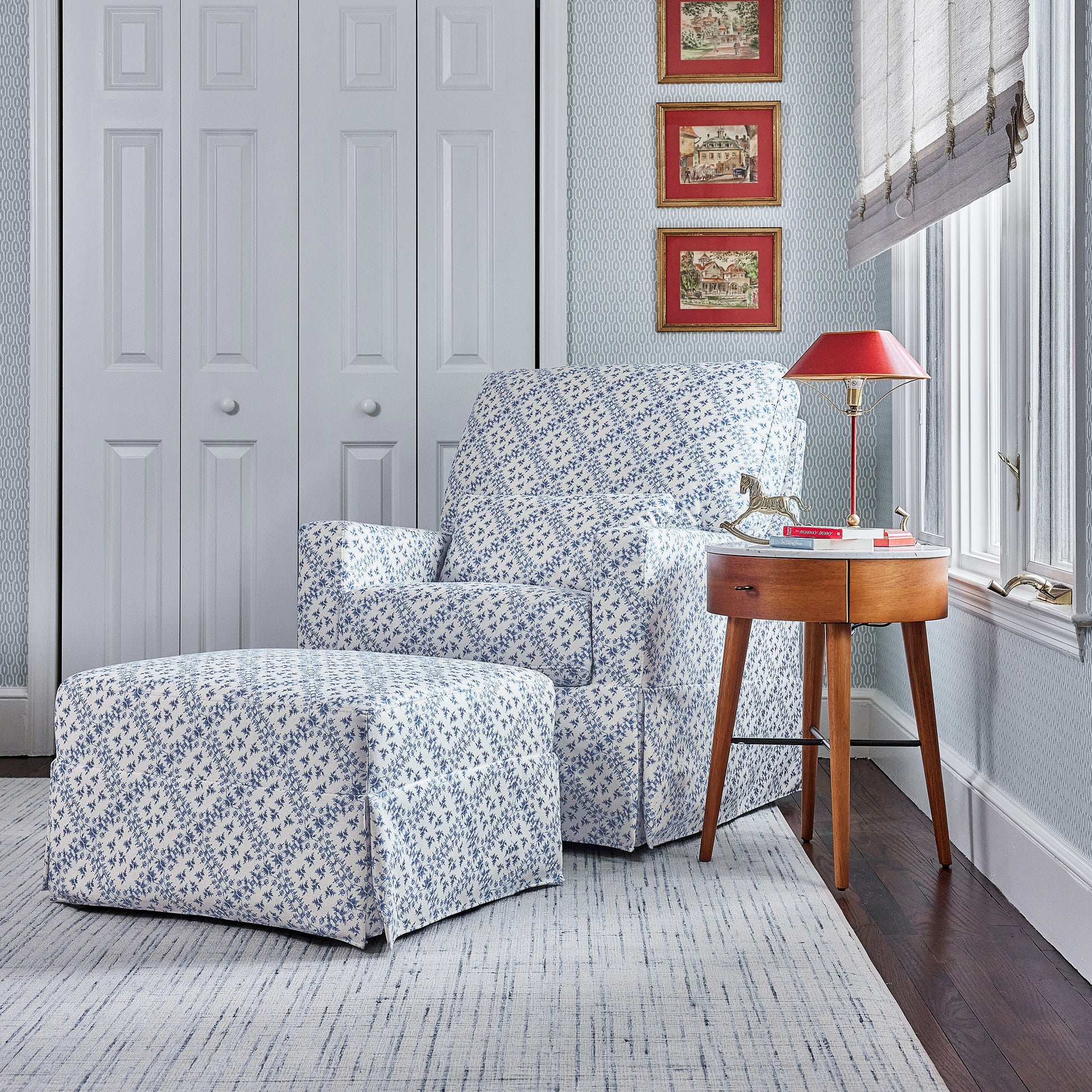 M21785BLT,Sarah Flint x Namesake Crawford Gliding Ottoman in Blue Lattice Performance Eco-Weave