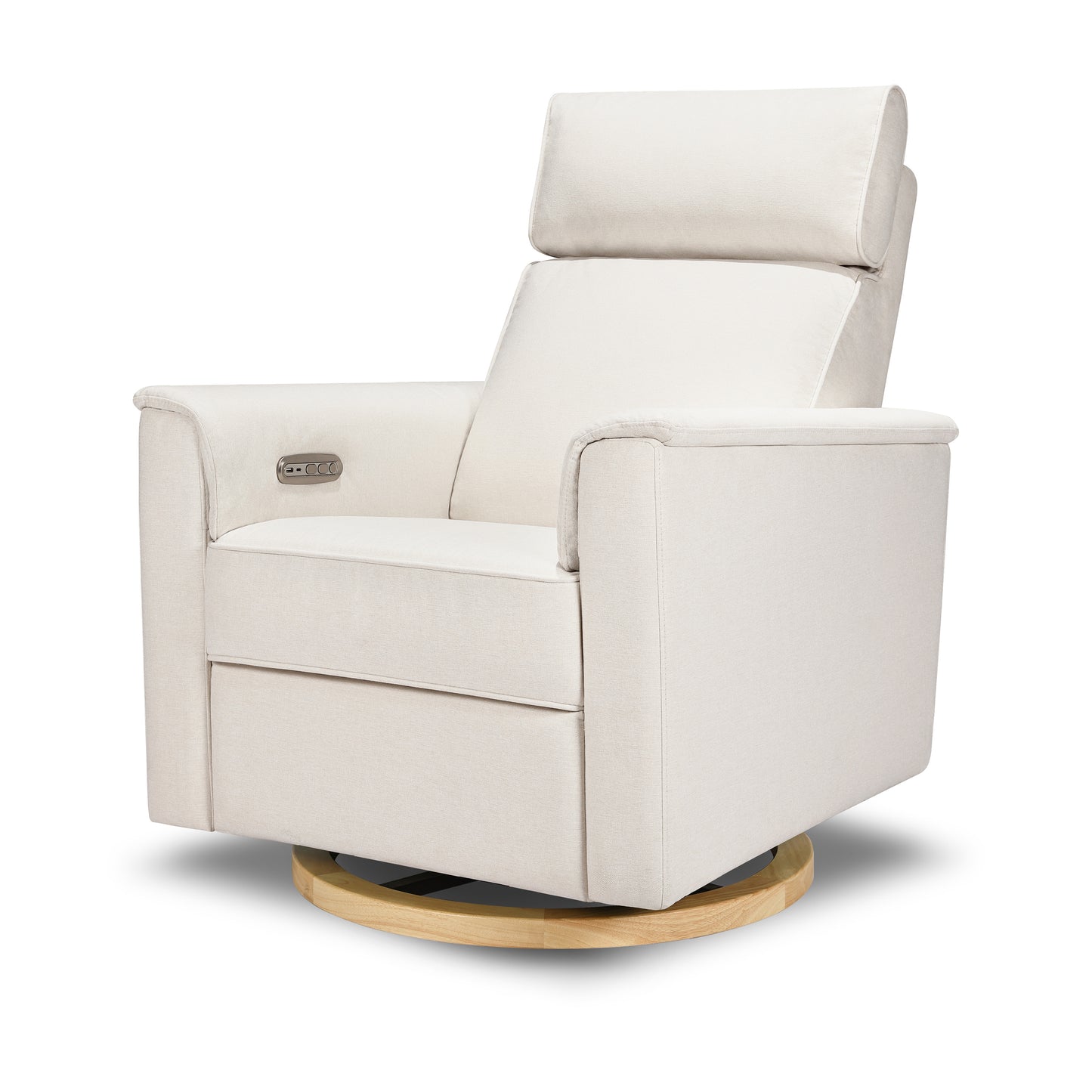 B17186PCMEWLB,Willa Power Glider Recliner w/ adj. headrest & USB in Performance Cream Eco-Weave w/Light wood base