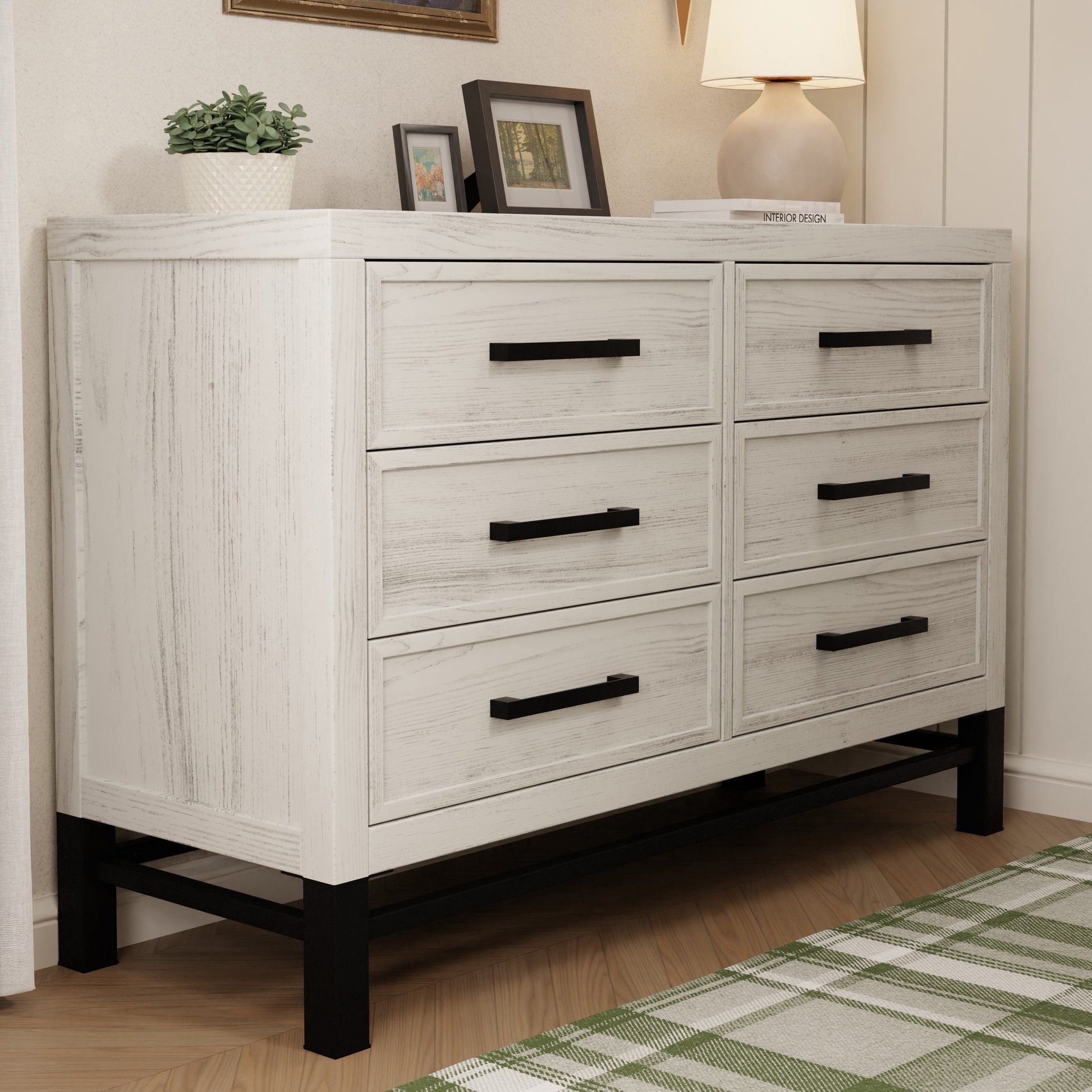 B25816WDF,Newbern 6-Drawer Assembled Dresser in White Driftwood