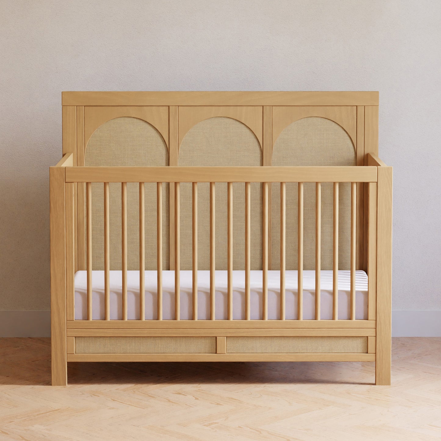 M24801HYPSEW,Eloise 4-in-1 Convertible Crib in Honey & Performance Sand Eco-Weave