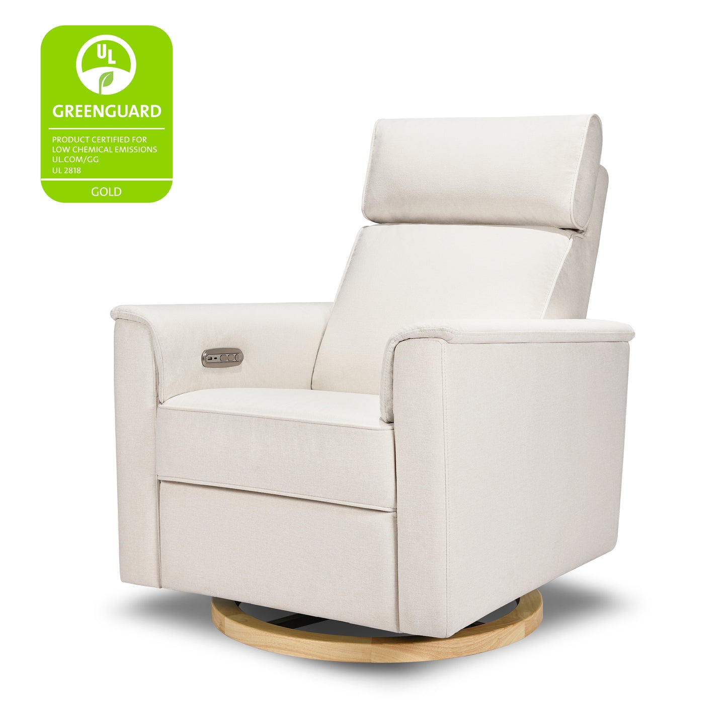 B17186PCMEWLB,Willa Power Glider Recliner w/ adj. headrest & USB in Performance Cream Eco-Weave w/Light wood base