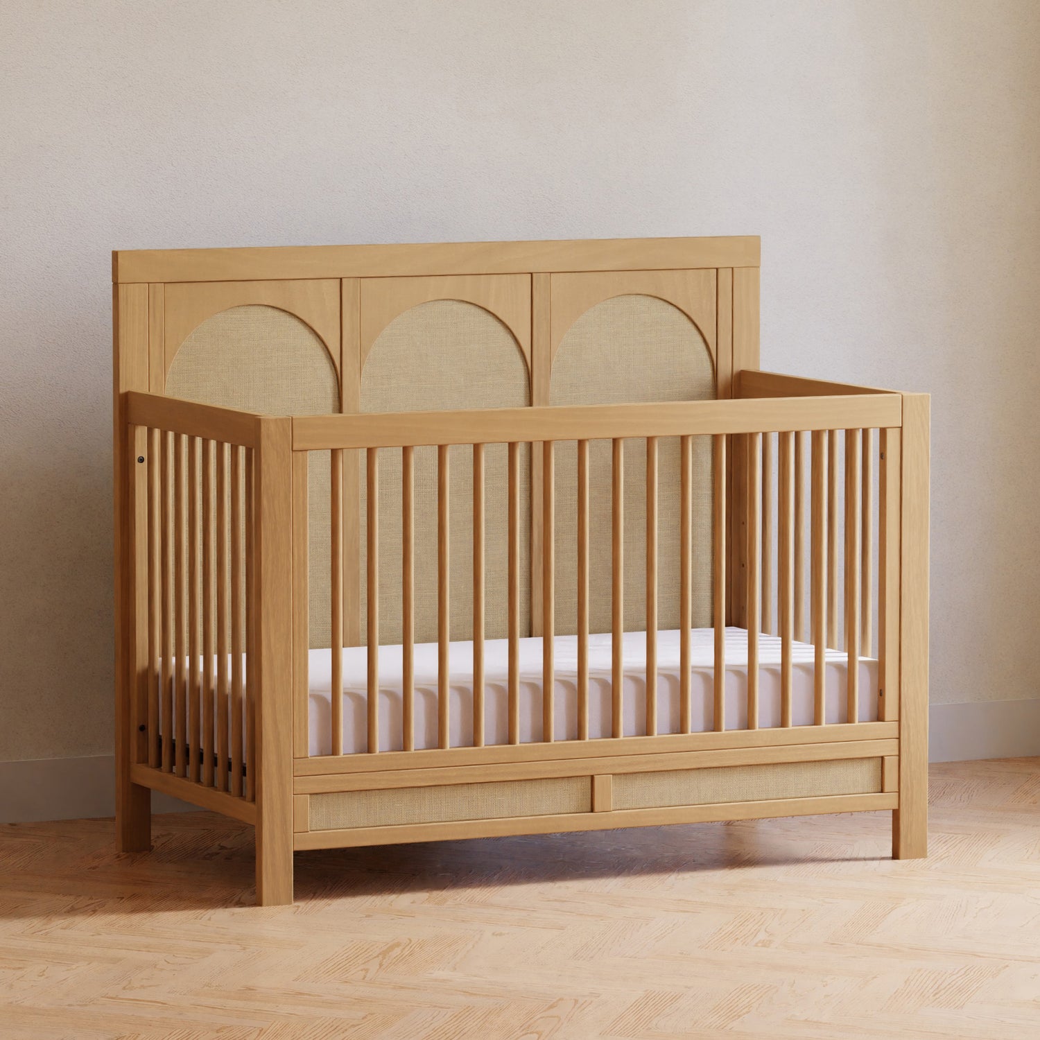 M24801HYPSEW,Eloise 4-in-1 Convertible Crib in Honey & Performance Sand Eco-Weave