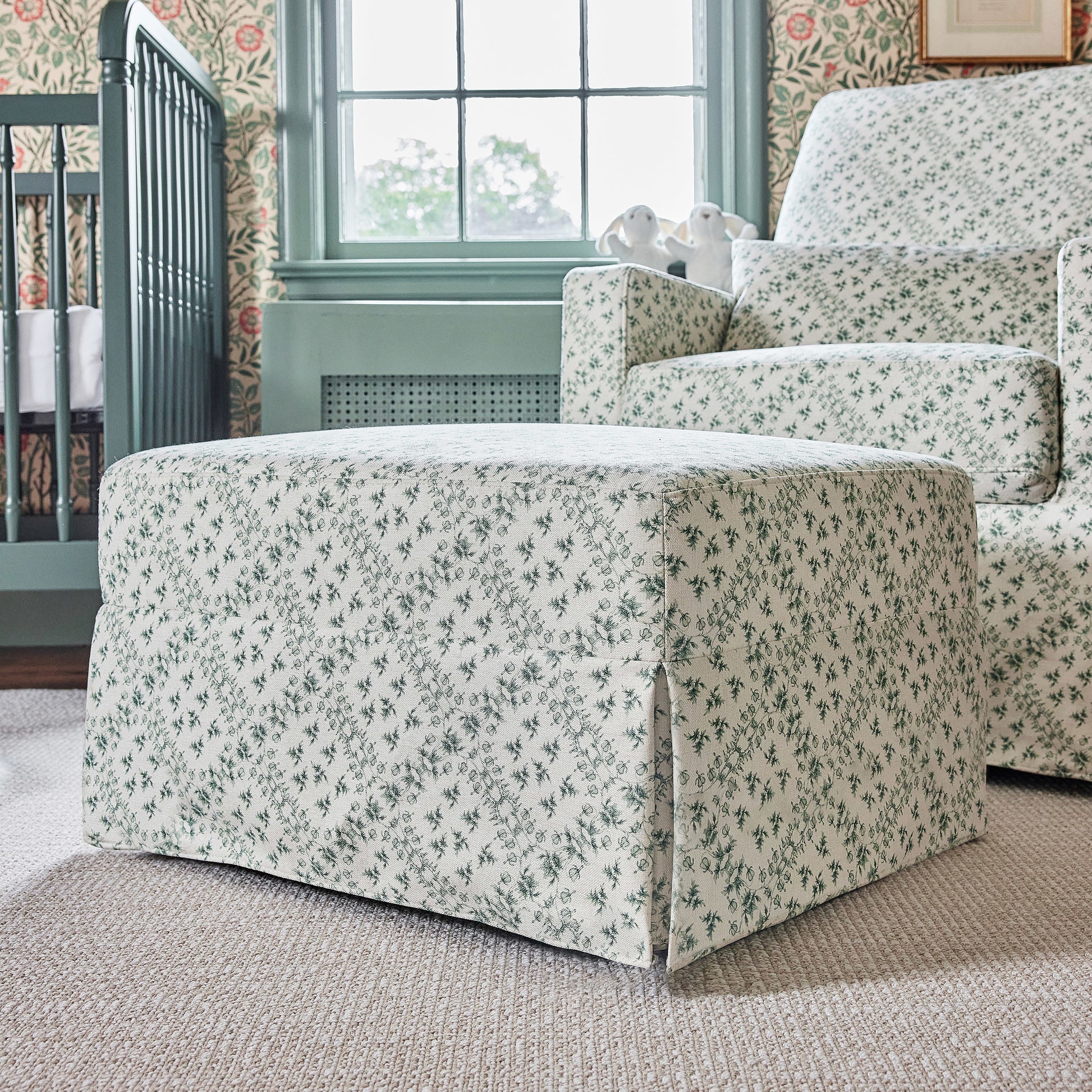 M21785GLT,Sarah Flint x Namesake Crawford Gliding Ottoman in Green Lattice Performance Eco-Weave