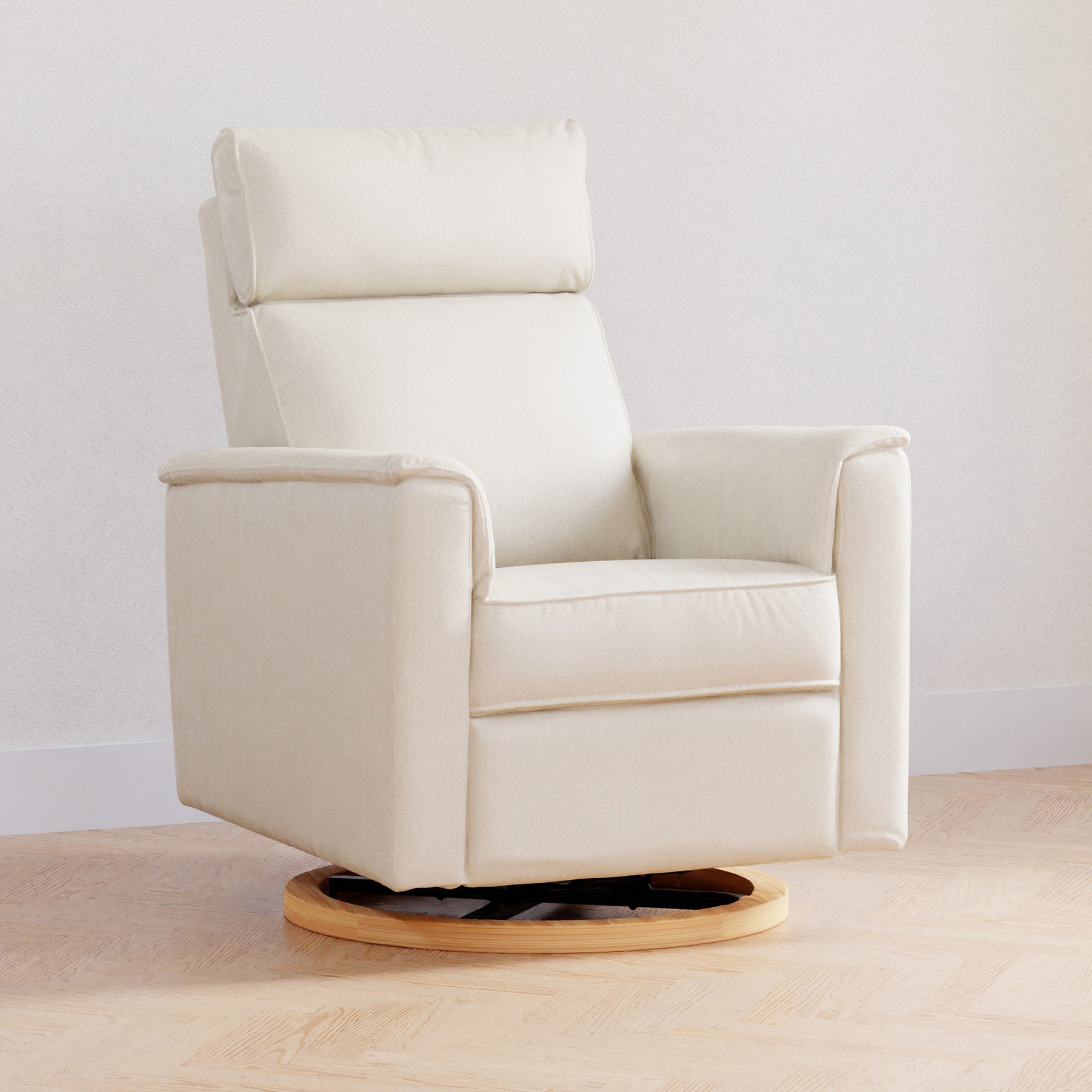 B17186PCMEWLB,Willa Power Glider Recliner w/ adj. headrest & USB in Performance Cream Eco-Weave w/Light wood base