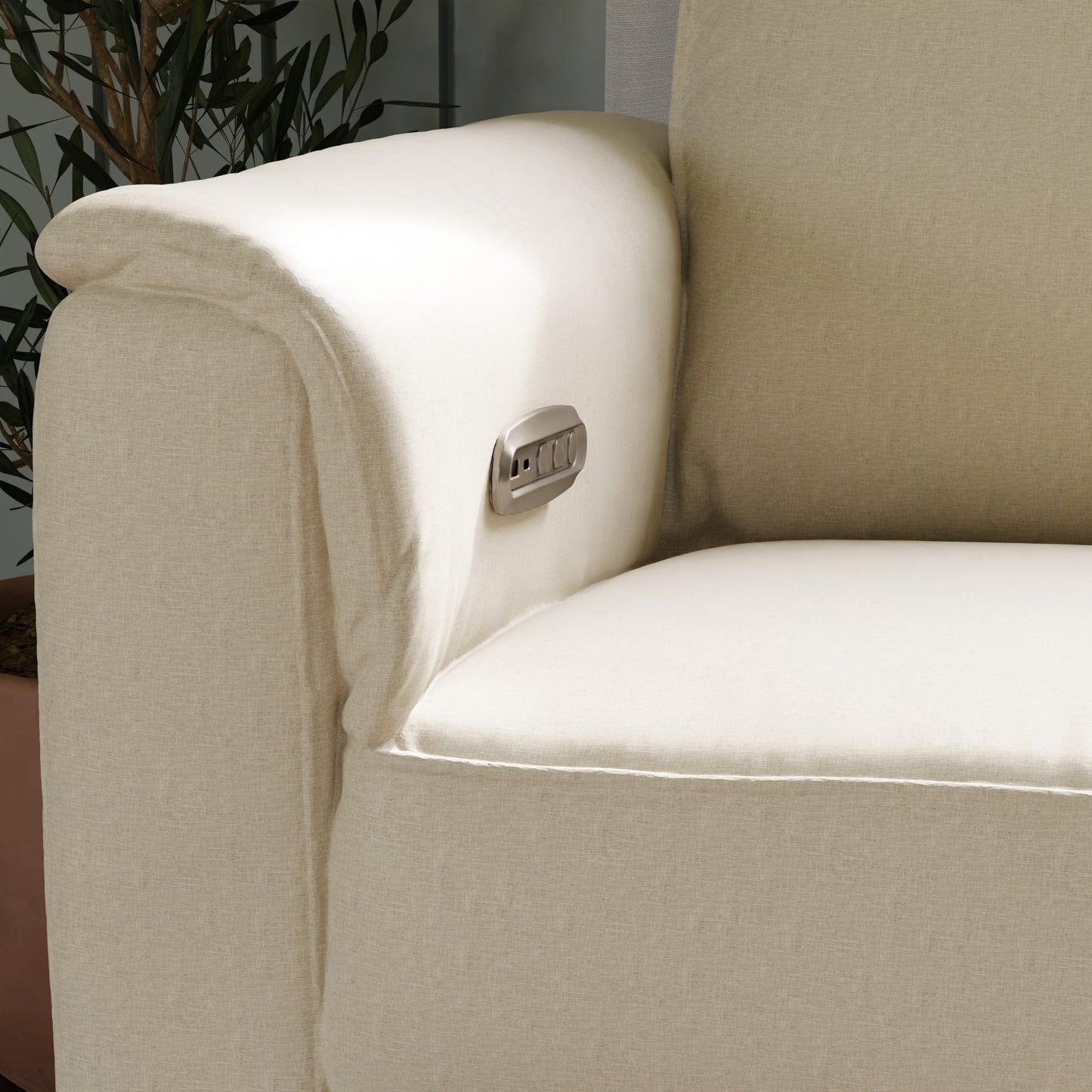 B17186PCMEWLB,Willa Power Glider Recliner w/ adj. headrest & USB in Performance Cream Eco-Weave w/Light wood base