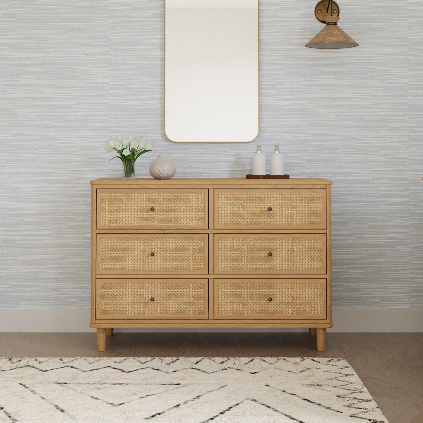 M23716HYHC,Marin with Cane 6 Drawer Assembled Dresser in Honey and Honey Cane