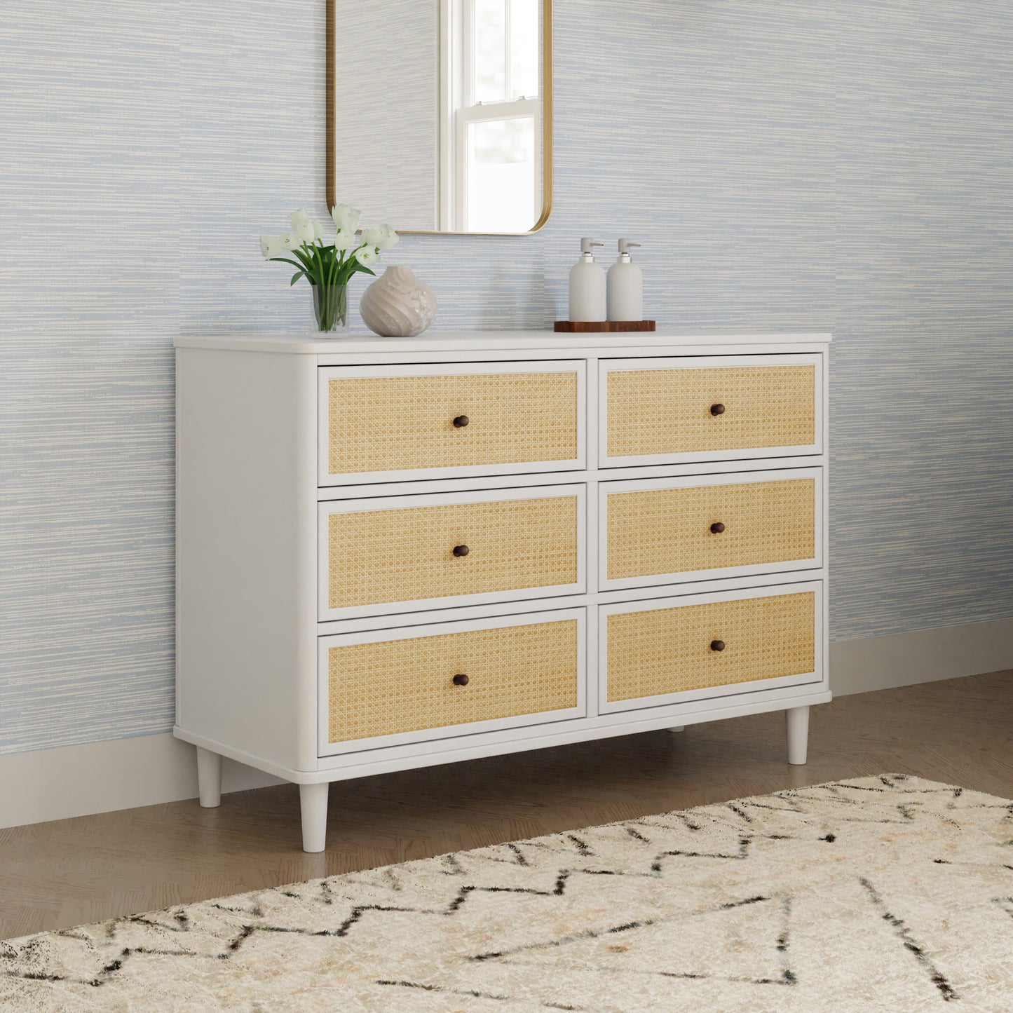 M23716RWHC,Marin with Cane 6 Drawer Assembled Dresser in Warm White and Honey Cane