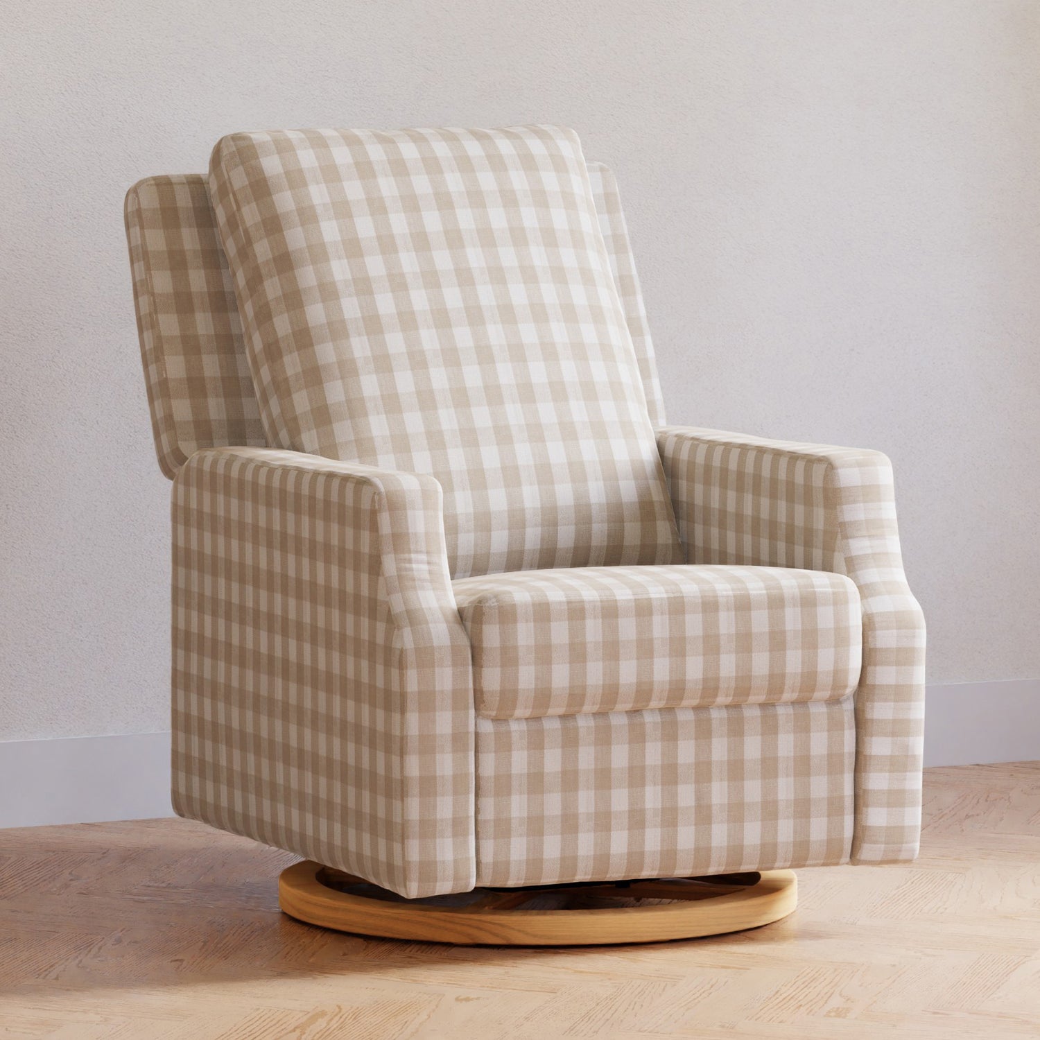 M22287TGHLB,Crewe Recliner and Swivel Glider in Tan Gingham with Light Wood Base