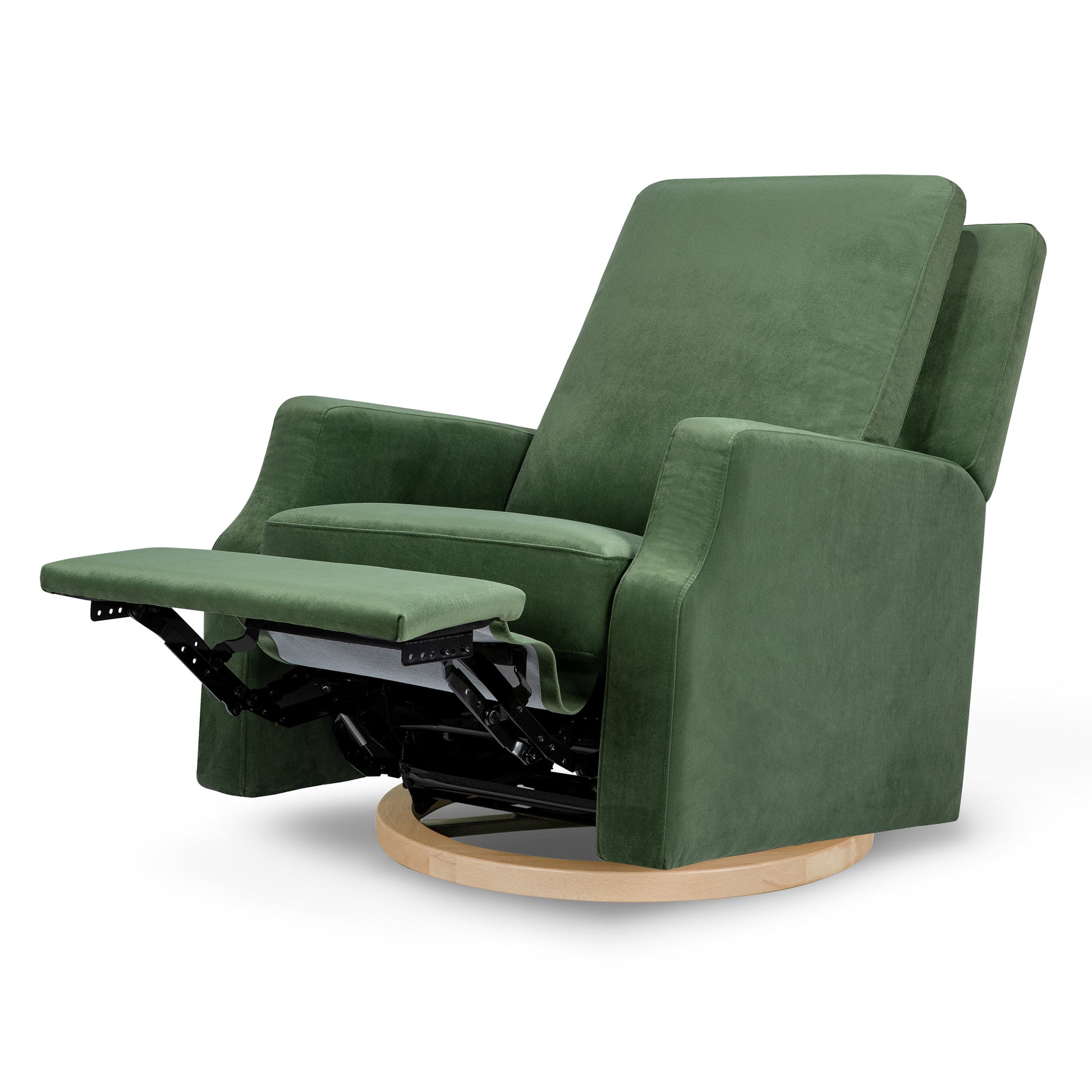 M22287FGVLB,Crewe Recliner and Swivel Glider in Forest Green Velvet w/Light Wood Base